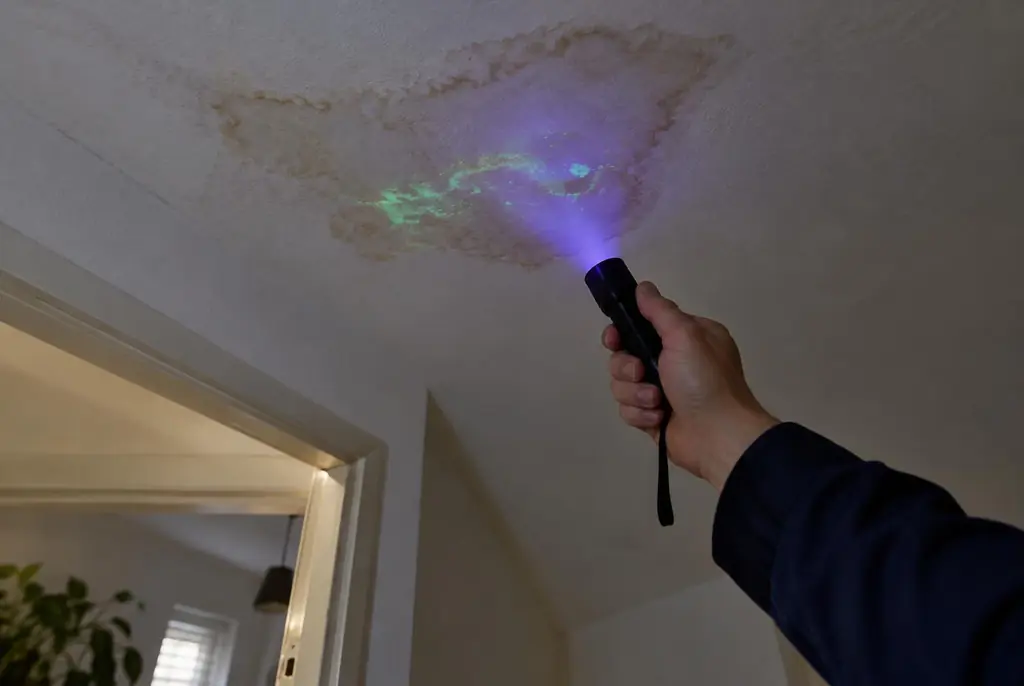 Lekdetectie Alblasserdam – kleurstof controleren op het plafond met uv-licht