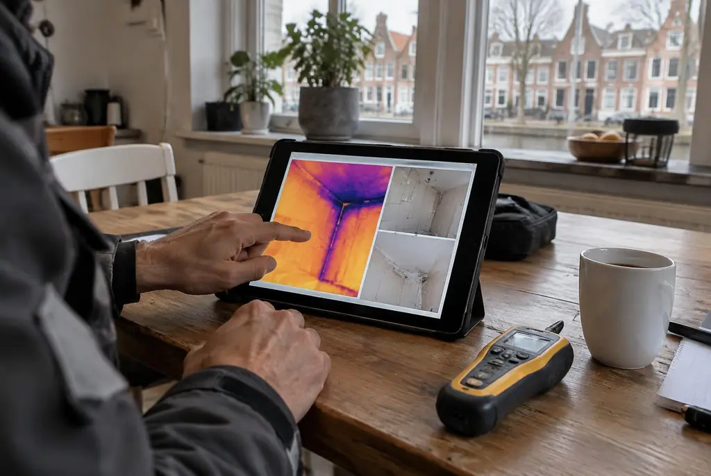 Lekdetectie Alblasserdam – lekdetectierapport met warmtebeelden en foto's op een tablet