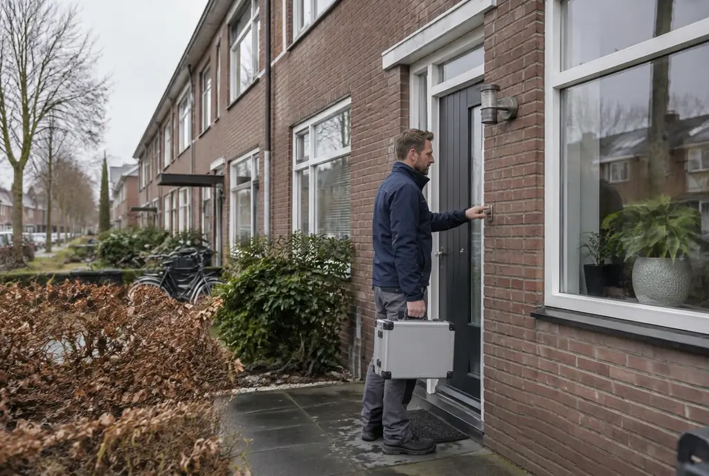 Lekdetectiespecialist met meetkoffer bij de voordeur van een woning in Alblasserdam