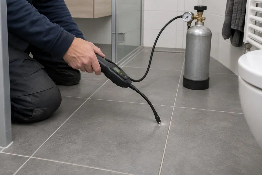 Lekdetectie Alblasserdam – technicus spoort met tracergas een lekkage op in de vloer